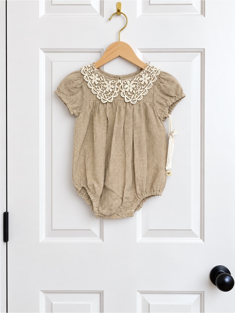 Viverano Baby 3-6M 100% Linen Crochet Lace Collar Bubble Romper NWT